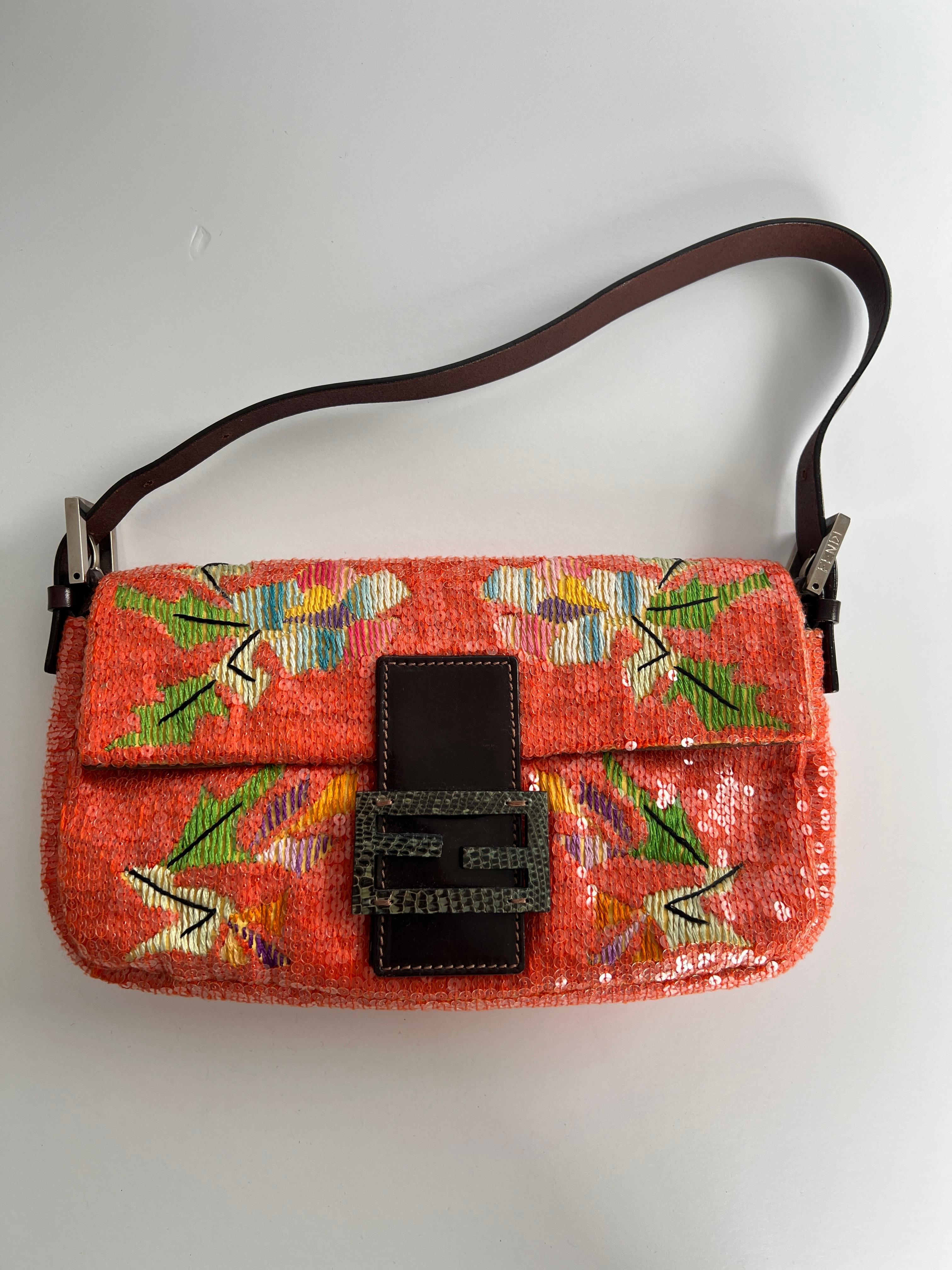 Fendi tropical pattern embroidery sequin baguette For Sale 2