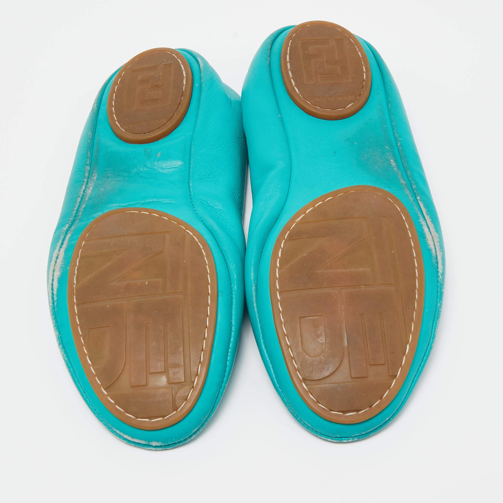 Fendi Turquoise Leather Bow Scrunch Ballet Flats Size 39 2