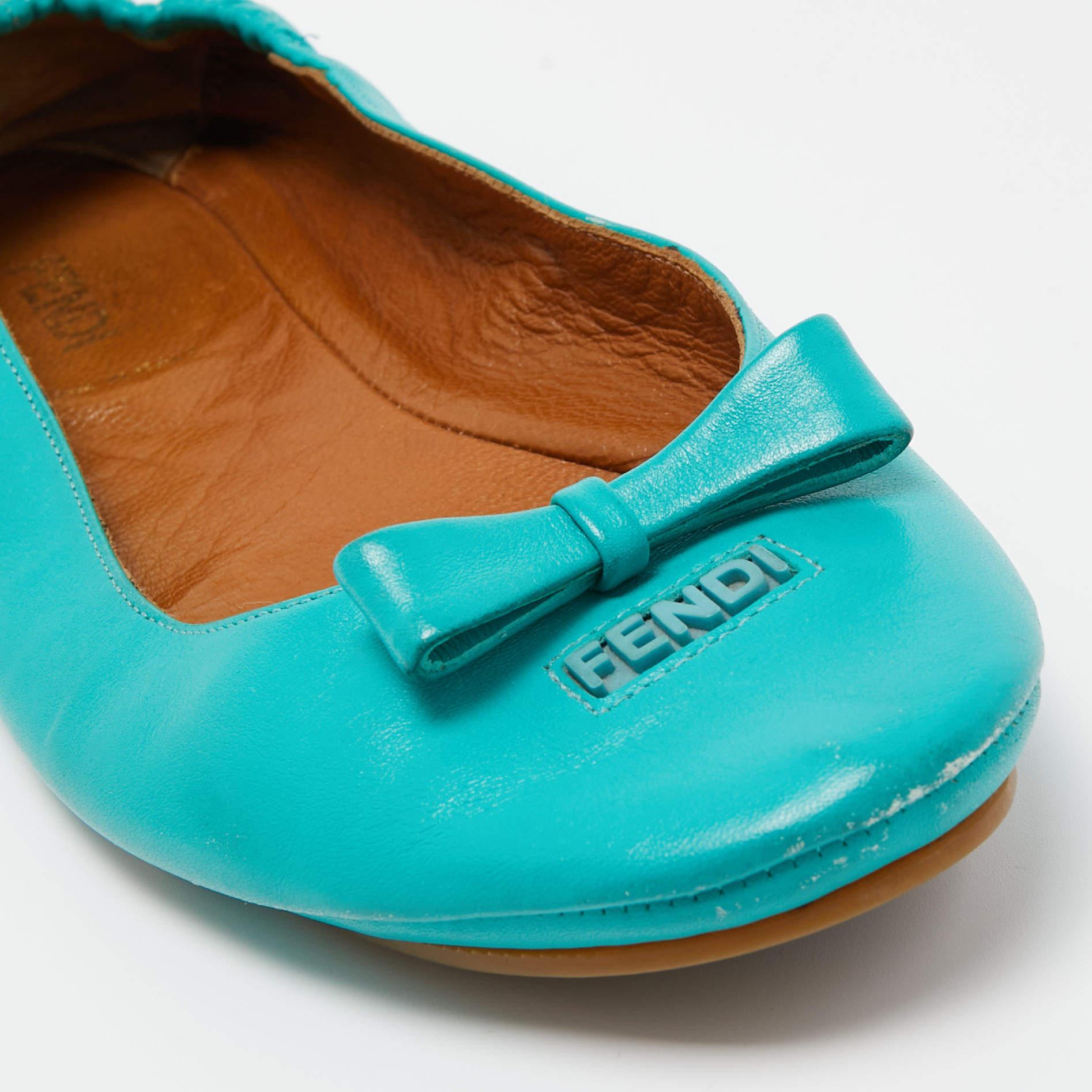 Fendi Turquoise Leather Bow Scrunch Ballet Flats Size 39 3