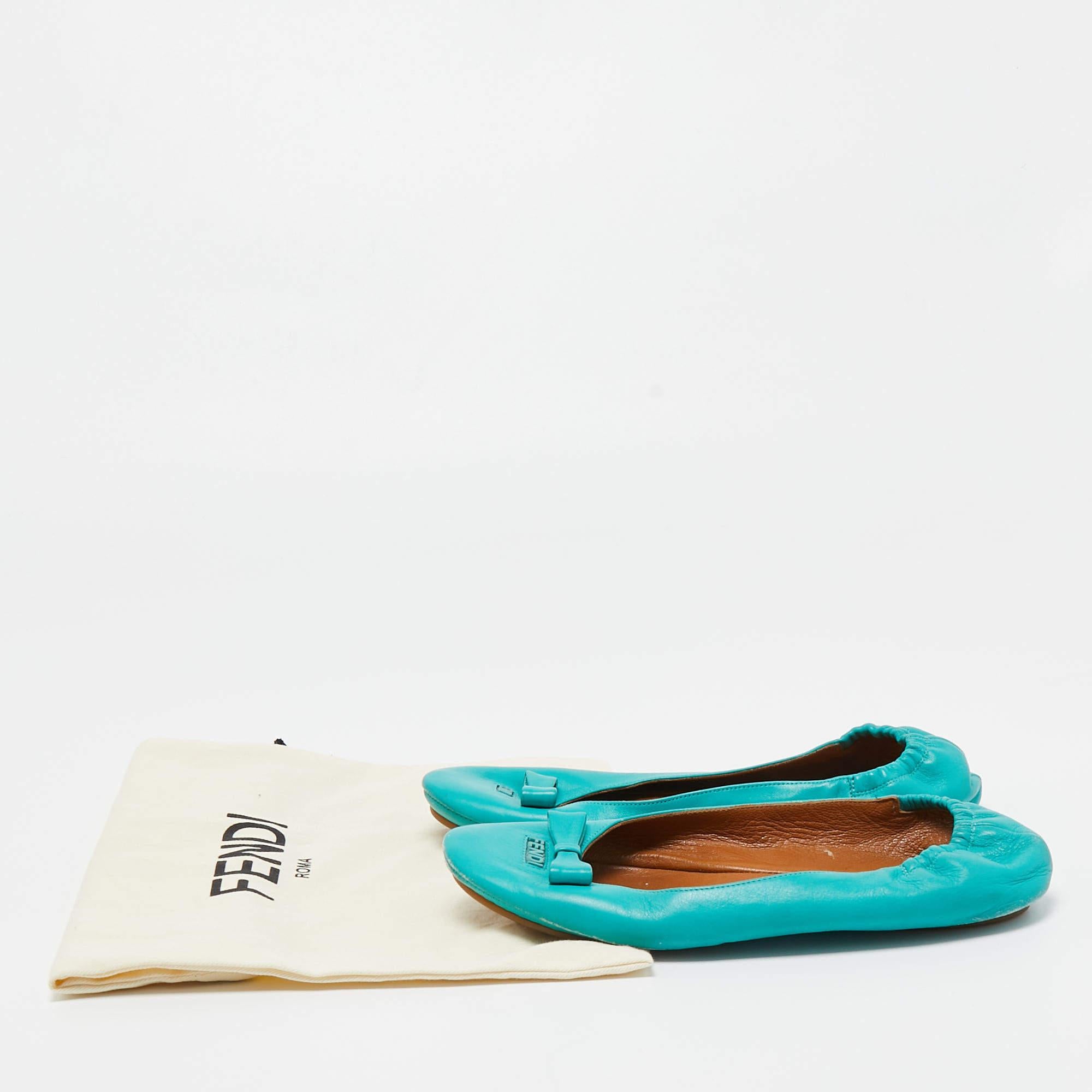 Fendi Turquoise Leather Bow Scrunch Ballet Flats Size 39 5