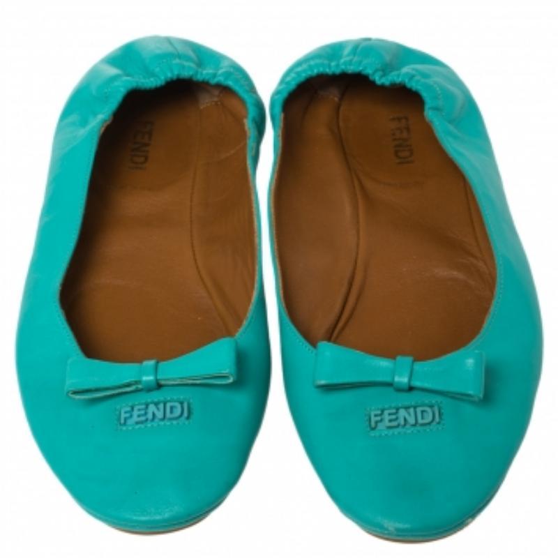 Women's Fendi Turquoise Leather Bow Scrunch Ballet Flats Size 40 For Sale