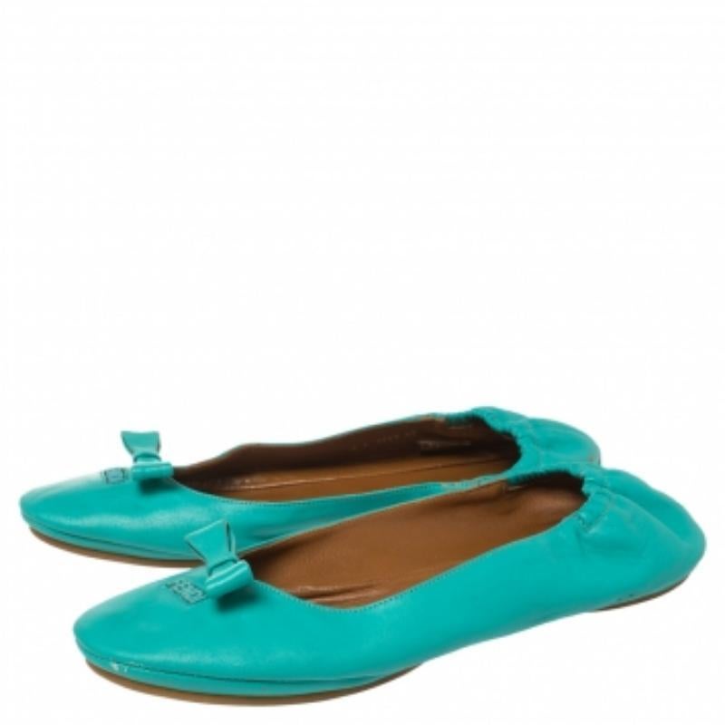 Fendi Turquoise Leather Bow Scrunch Ballet Flats Size 40 For Sale 1