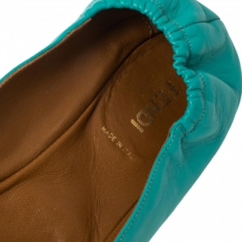 Fendi Turquoise Leather Bow Scrunch Ballet Flats Size 40 For Sale 2