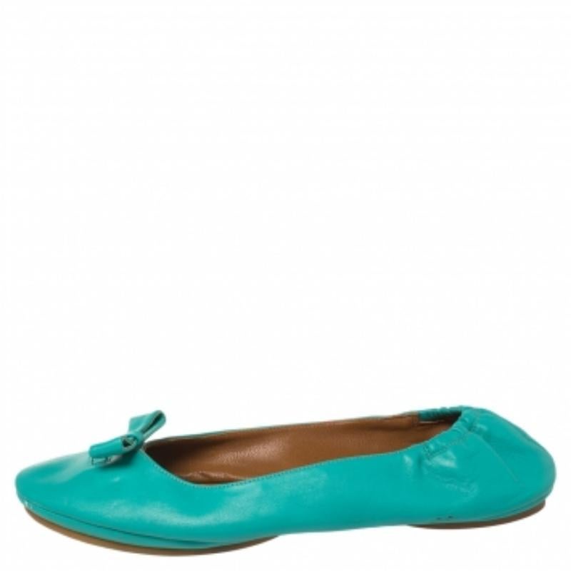 Fendi Turquoise Leather Bow Scrunch Ballet Flats Size 40 For Sale 3