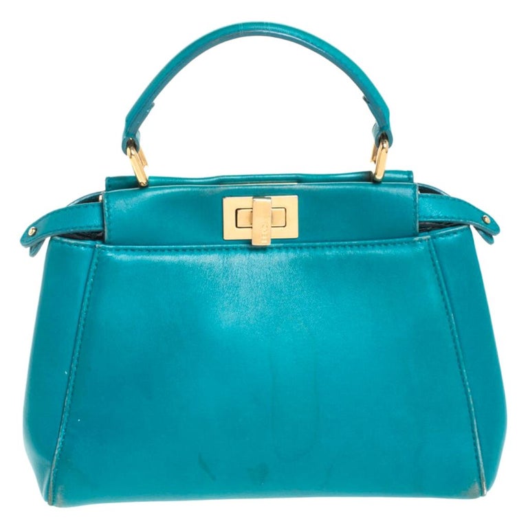 Fendi Turquoise Leather Mini Peekaboo Top Handle Bag For Sale at ...