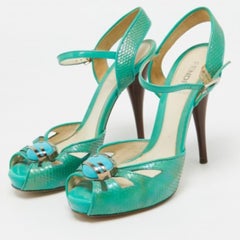 Fendi Turquoise Snake Embossed Slingback Platform Sandals Size 37