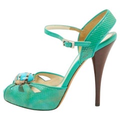 Fendi Türkis Schlange geprägte Slingback Plateau Sandalen Größe 37