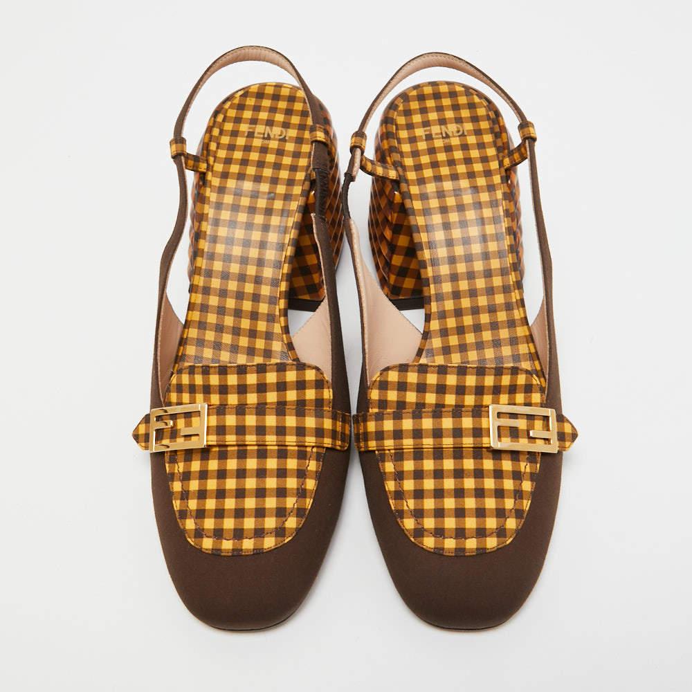 Brown Fendi Two Tone Checkered Fabric Promenade Slingback Loafer Pumps Size 39.5 For Sale
