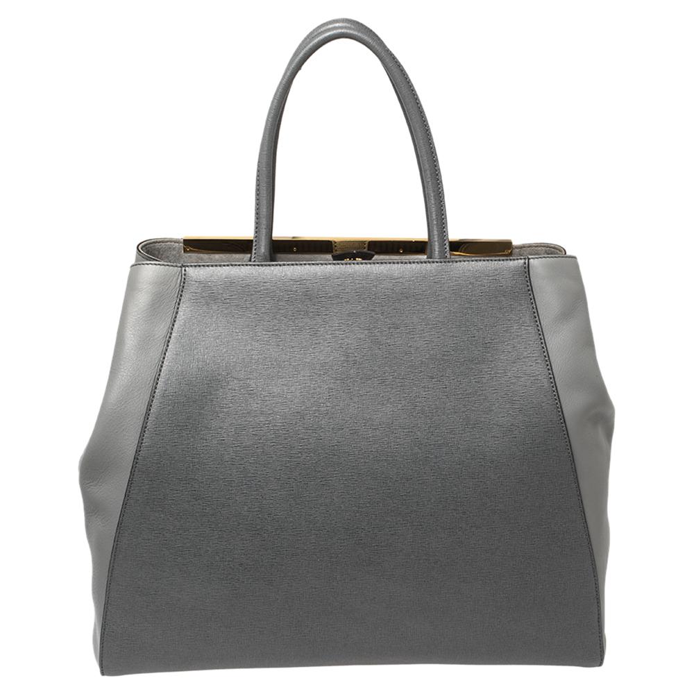 Gray Fendi Two Tone Grey Leather Large 2Jours Tote
