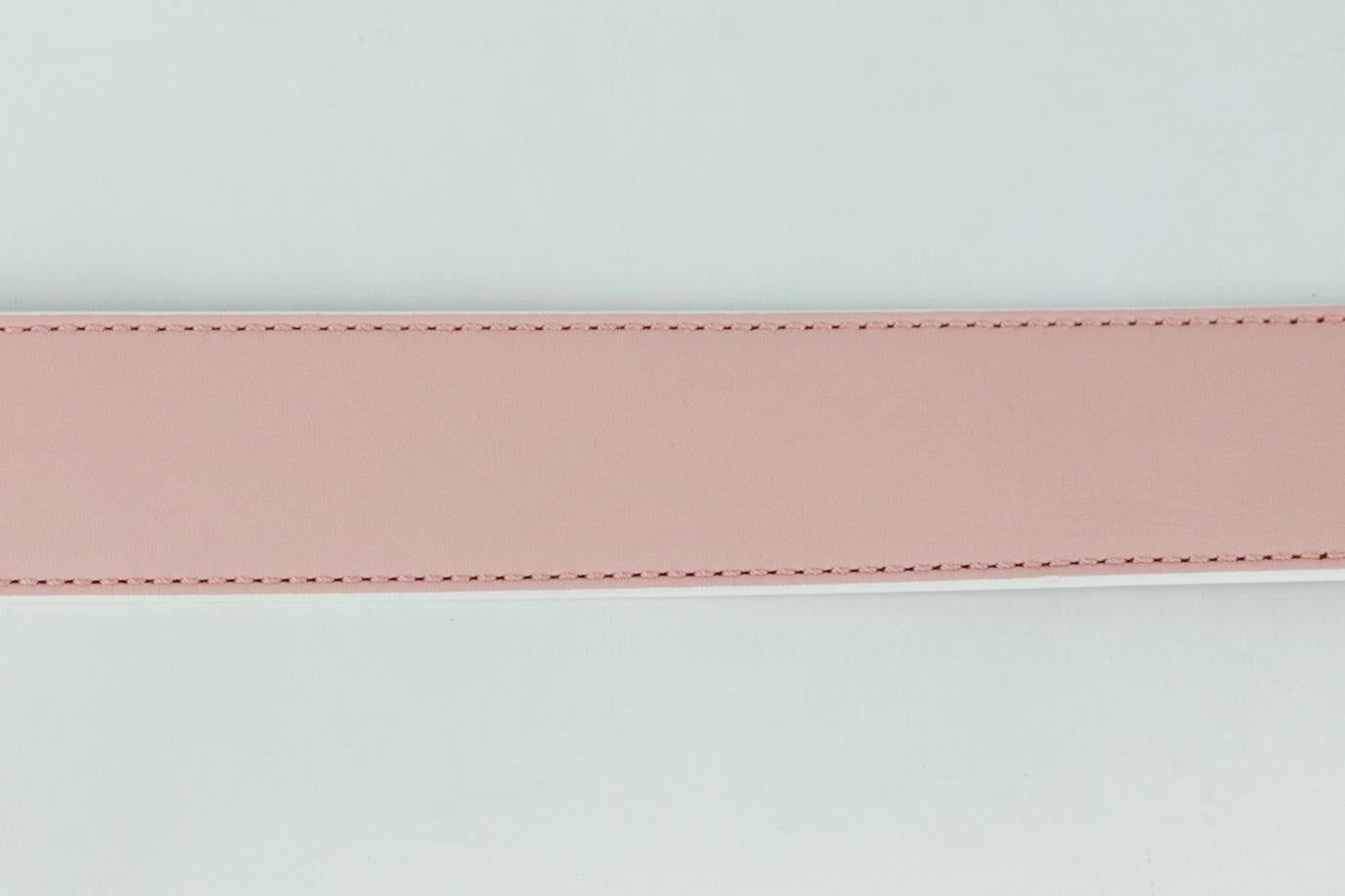 Fendi two tone leather bag strap. Made from pink and red leather with white trim and gold-tone clasps. L: 35 in. W: 1.5 in