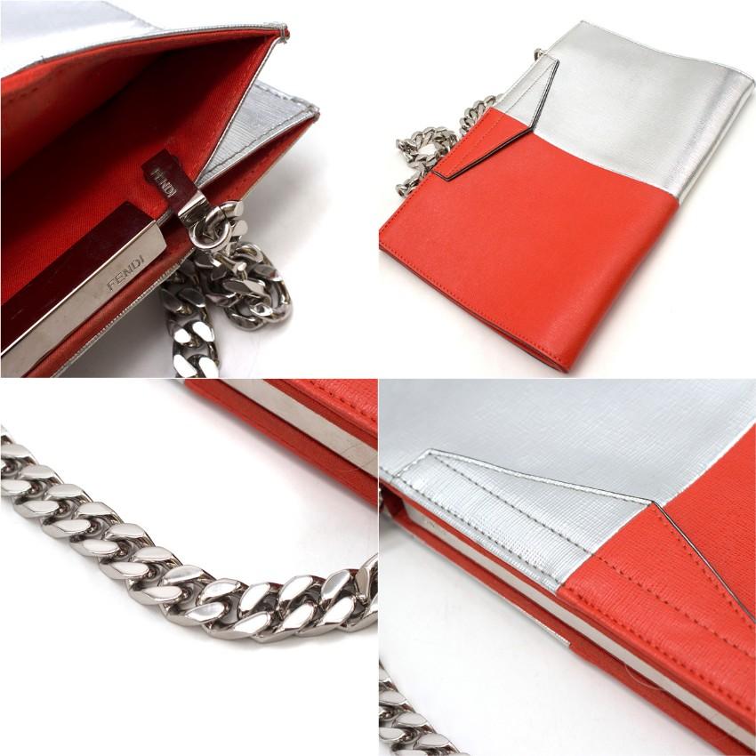 Fendi Two-tone red & silver leather clutch For Sale 4