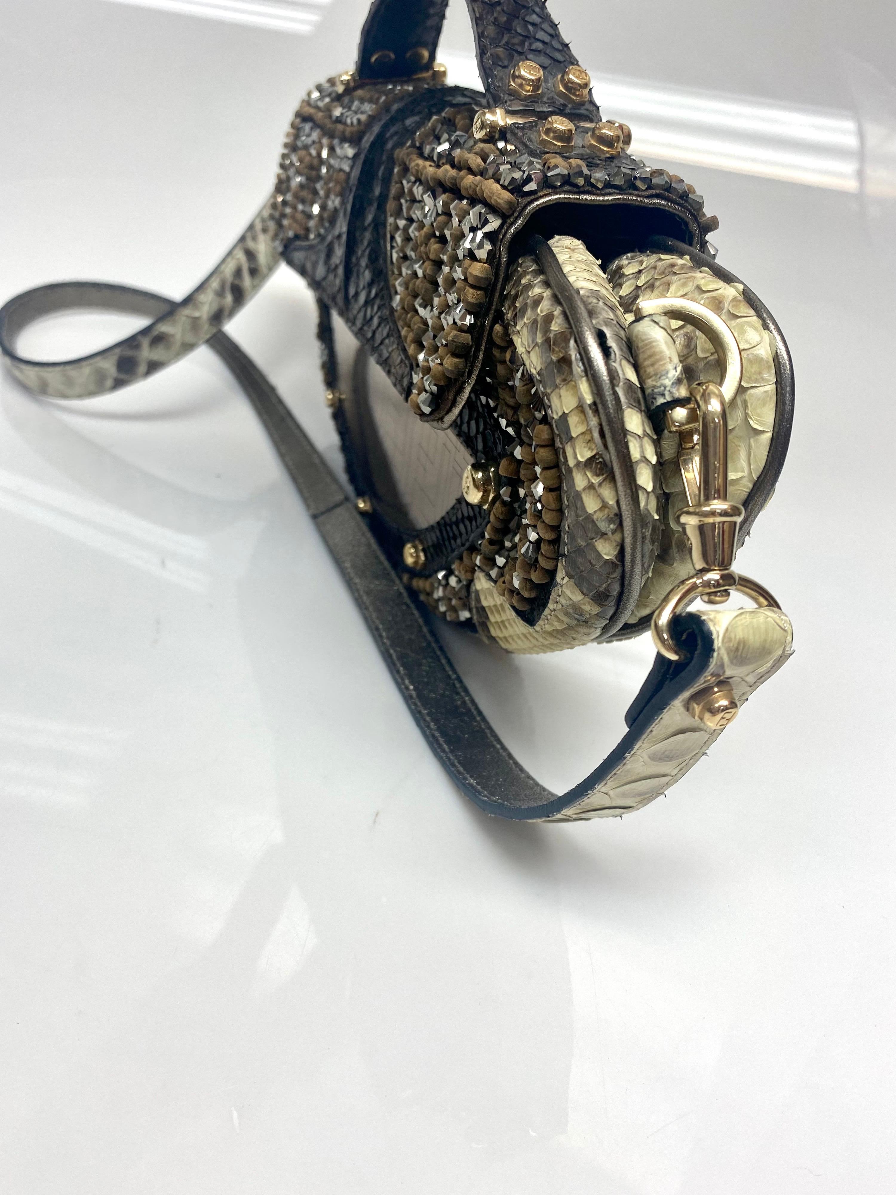 Fendi Vanity Etched Mirror Crystal and Wood Beaded Python Clutch Handbag-GHW 2