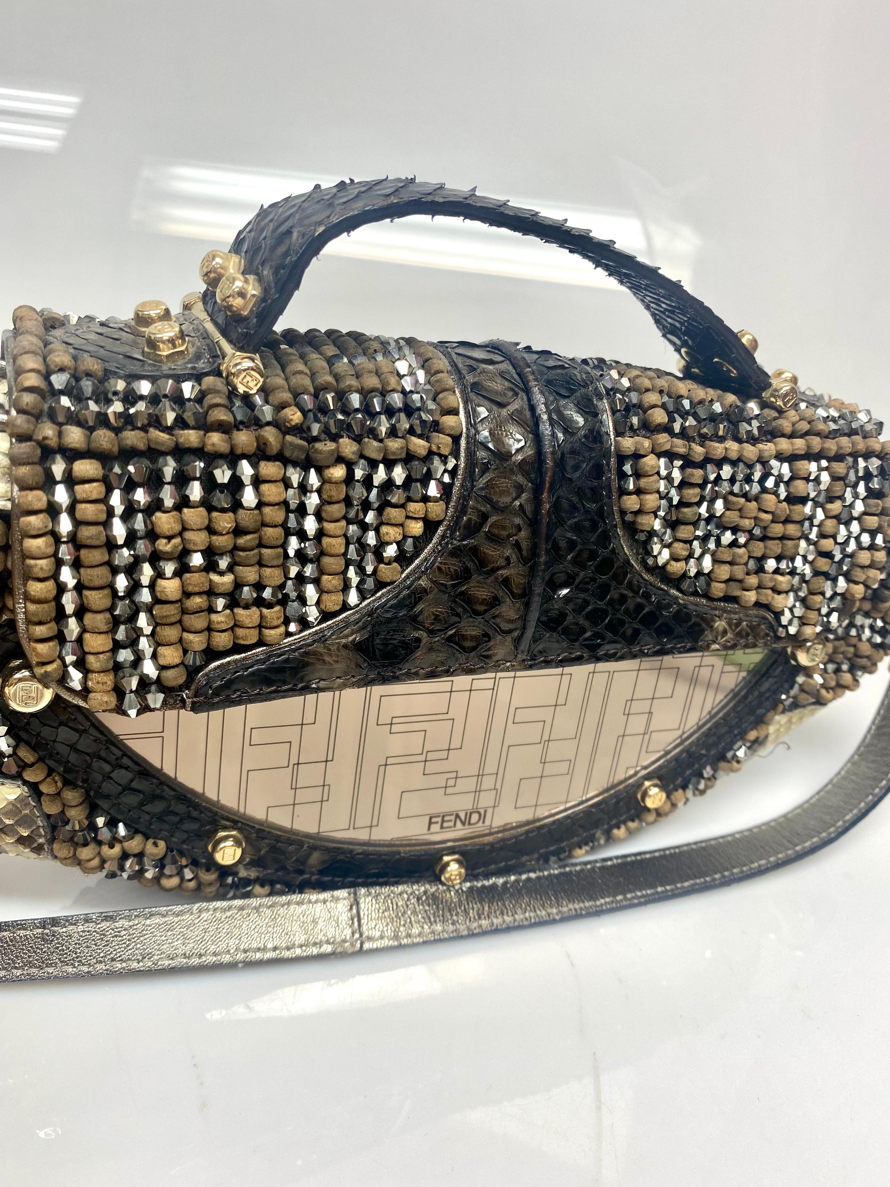 Fendi Vanity Etched Mirror Crystal and Wood Beaded Python Clutch Handbag-GHW 3