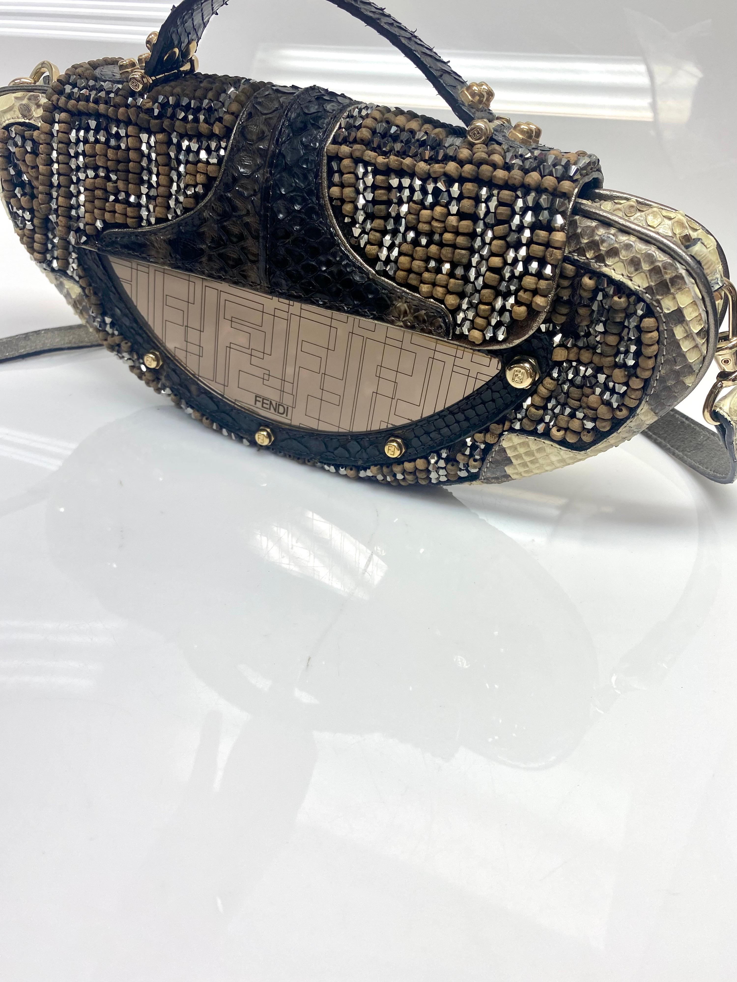 Black Fendi Vanity Etched Mirror Crystal and Wood Beaded Python Clutch Handbag-GHW
