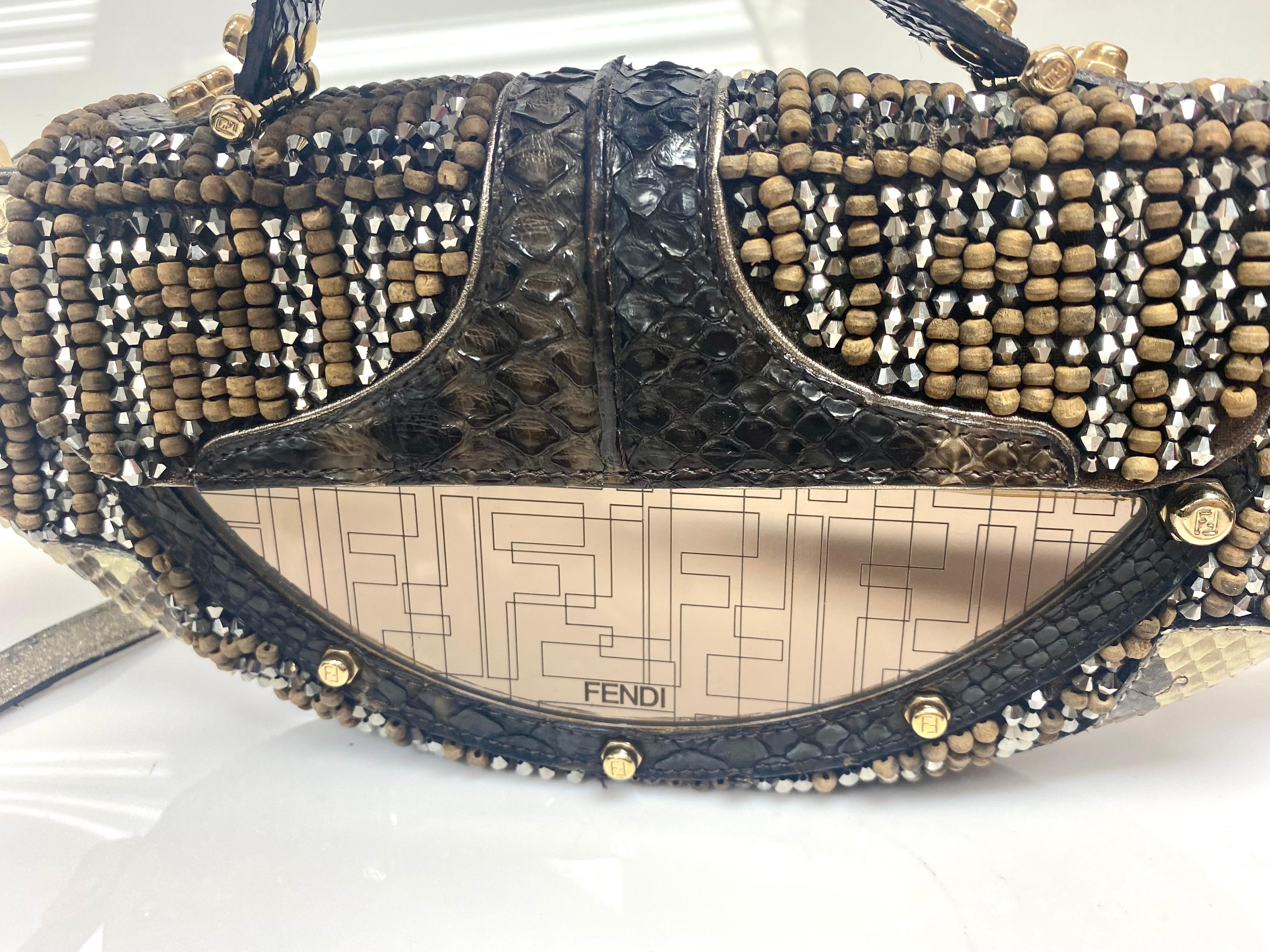 Fendi Vanity Etched Mirror Crystal and Wood Beaded Python Clutch Handbag-GHW In Excellent Condition In West Palm Beach, FL