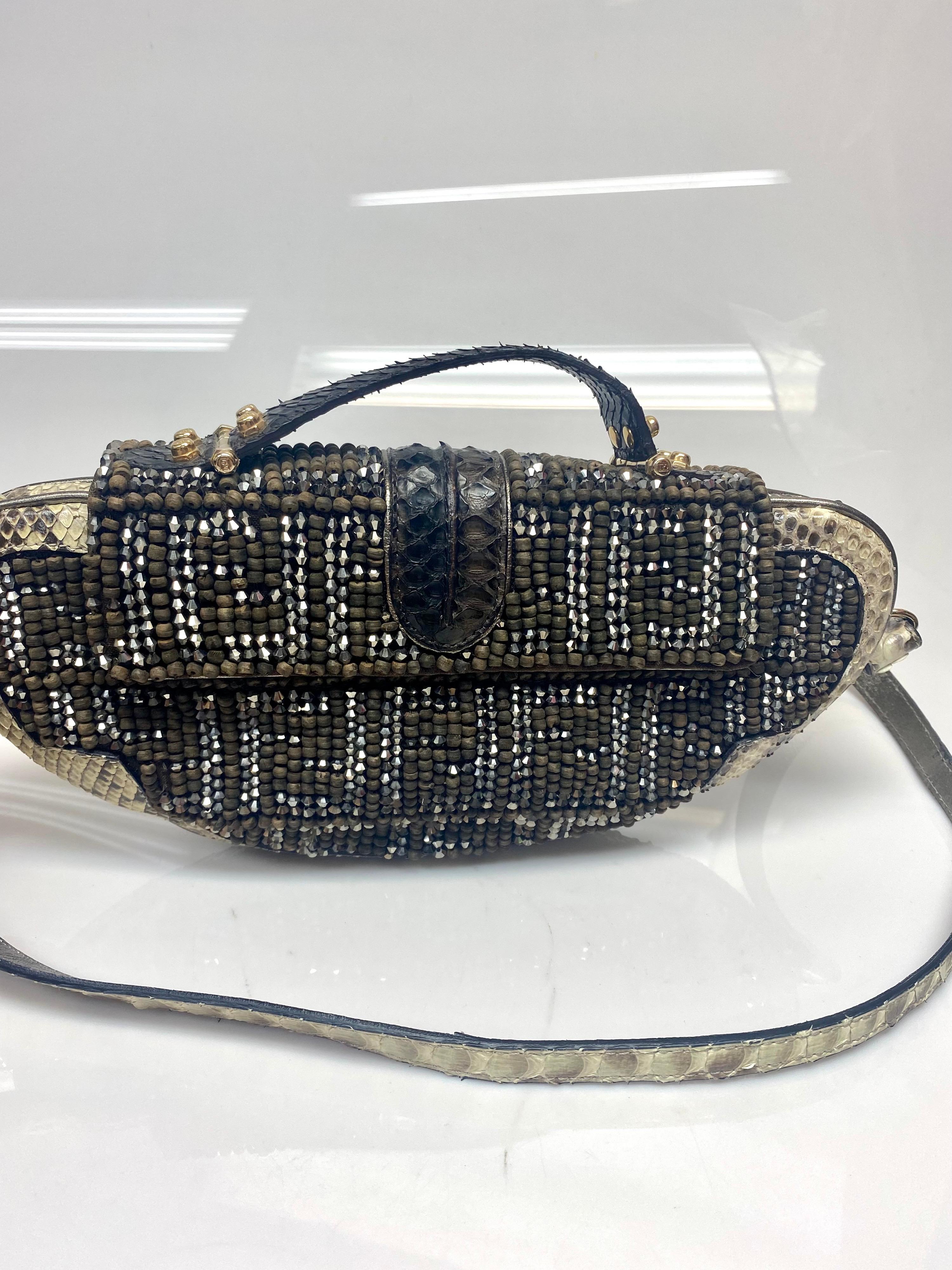 Women's Fendi Vanity Etched Mirror Crystal and Wood Beaded Python Clutch Handbag-GHW