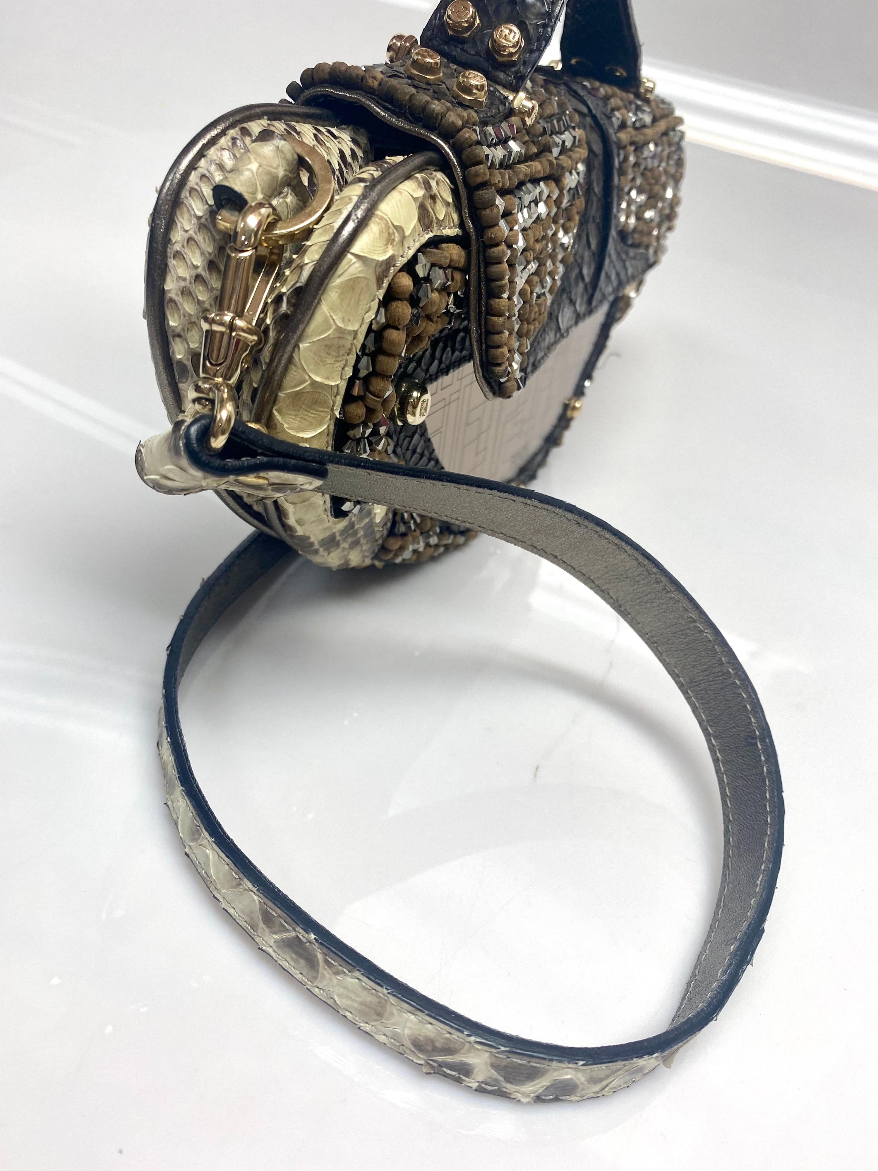 Fendi Vanity Etched Mirror Crystal and Wood Beaded Python Clutch Handbag-GHW 1