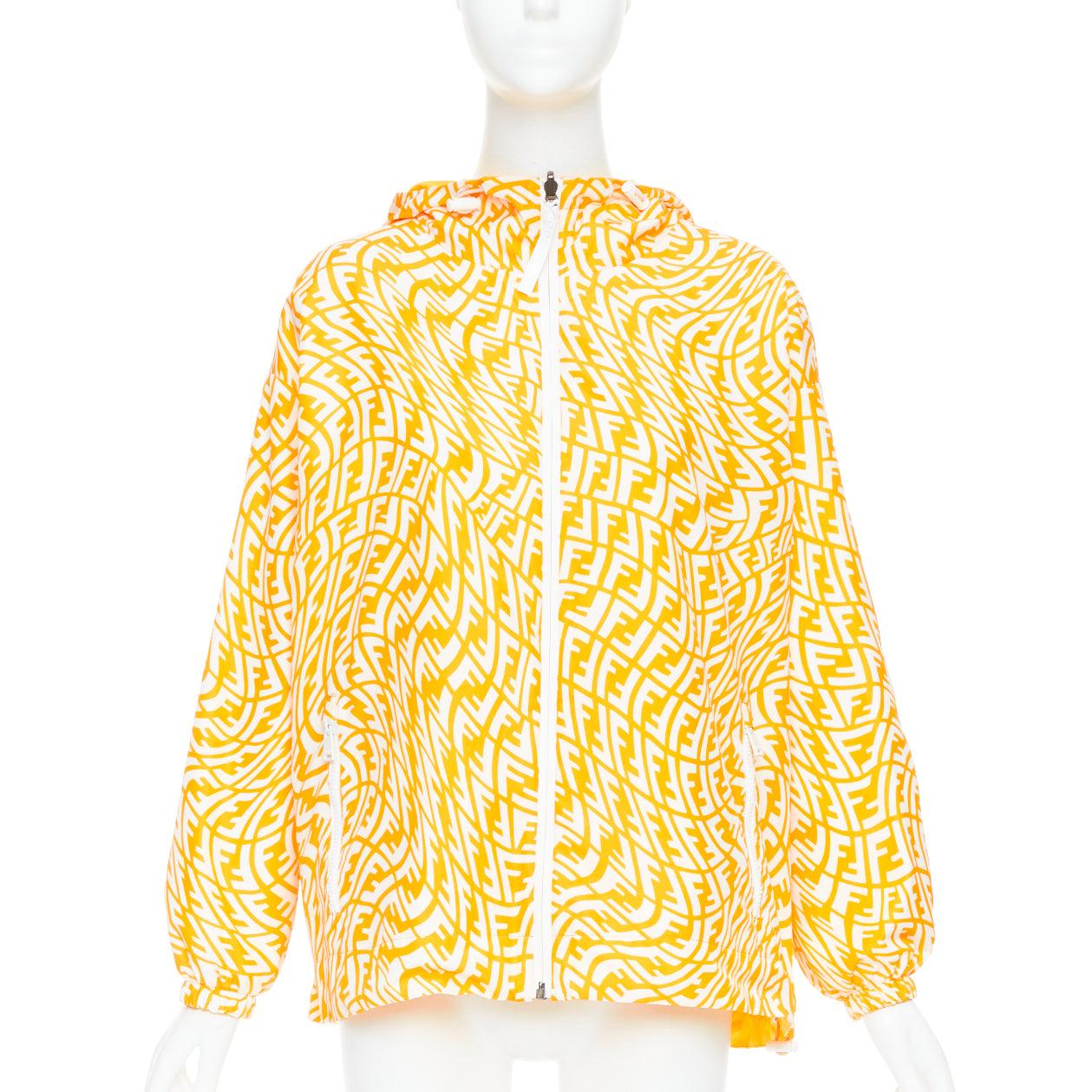 Yellow FENDI Vertigo Reversible yellow white swirl logo print hooded windbreaker S For Sale