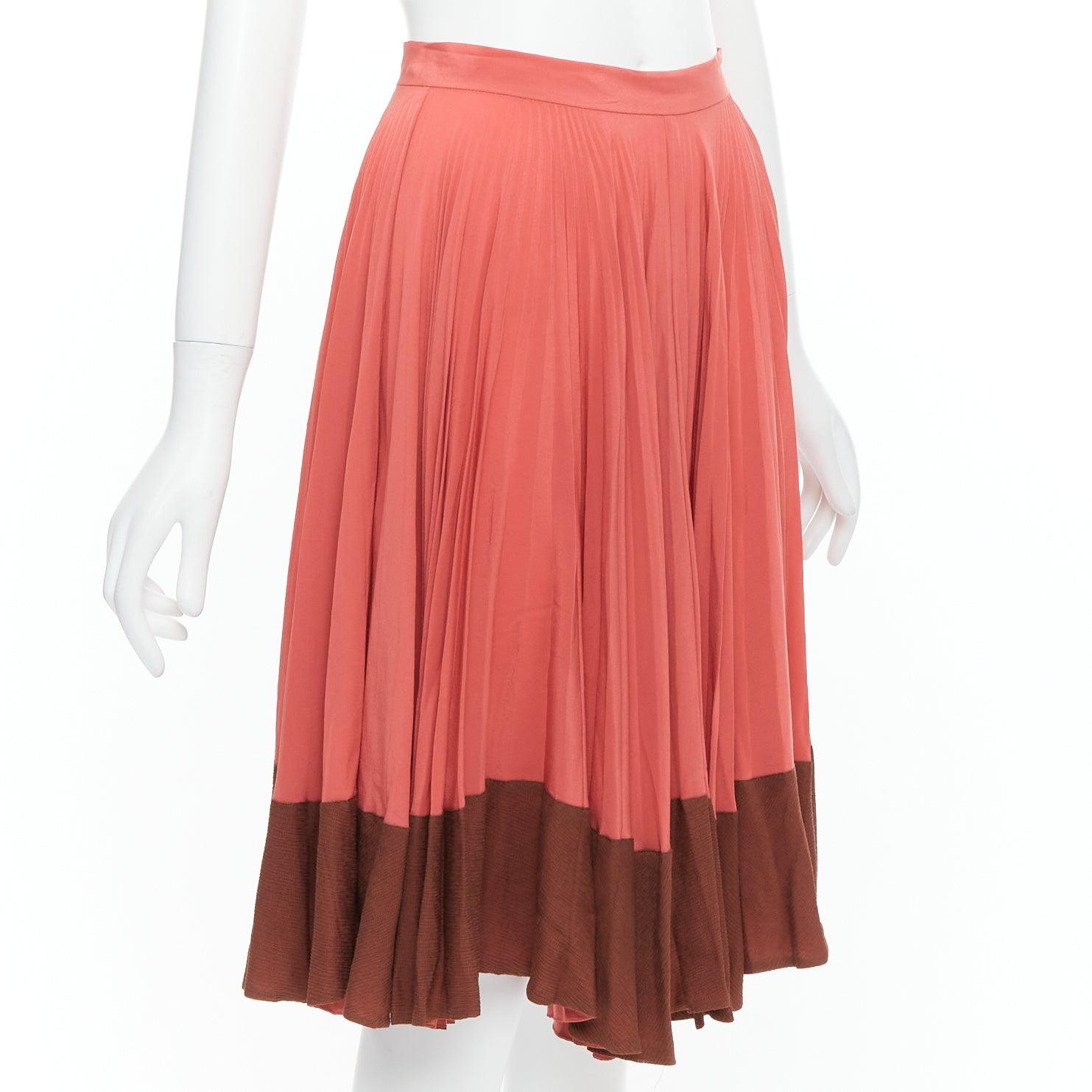 Pink FENDI Vintage 100% silk  pink brown colorblock pleated midi skirt IT36 XXS For Sale