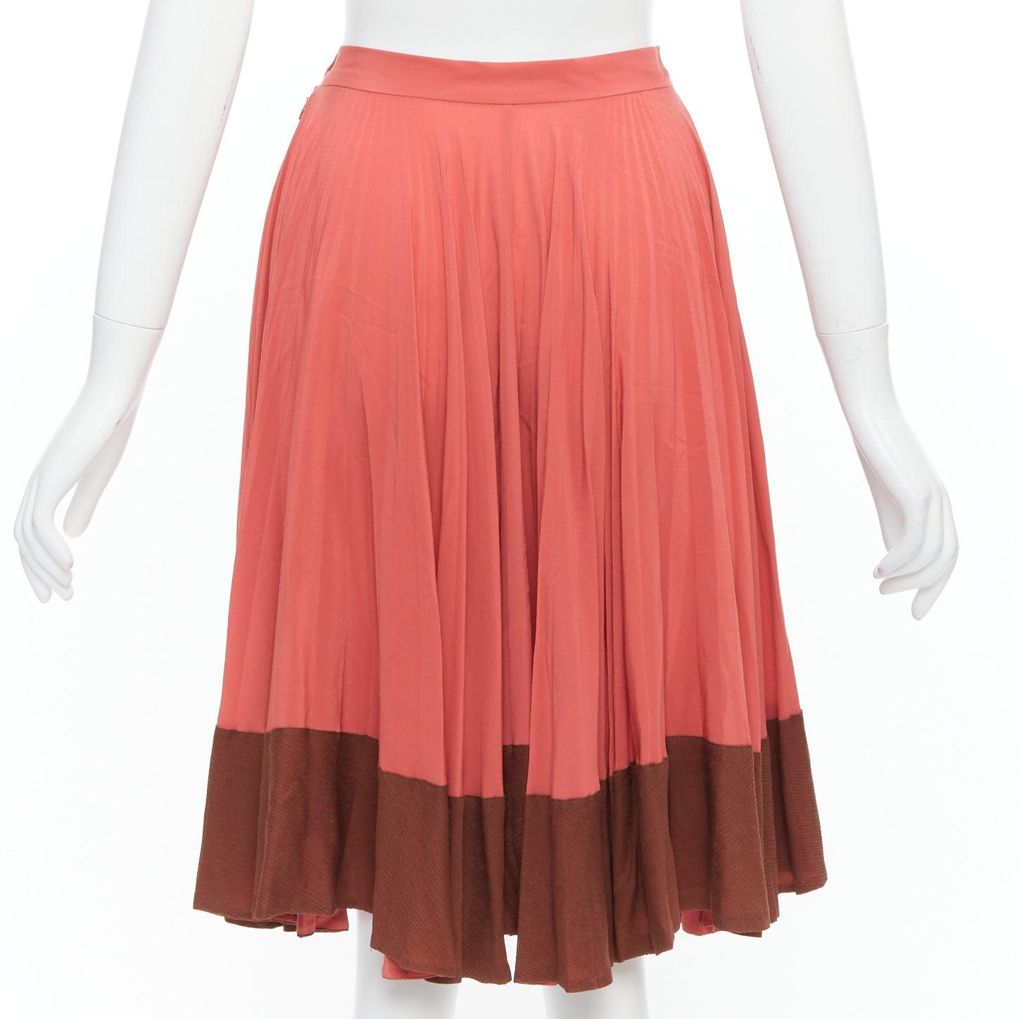 Women's FENDI Vintage 100% silk  pink brown colorblock pleated midi skirt IT36 XXS For Sale