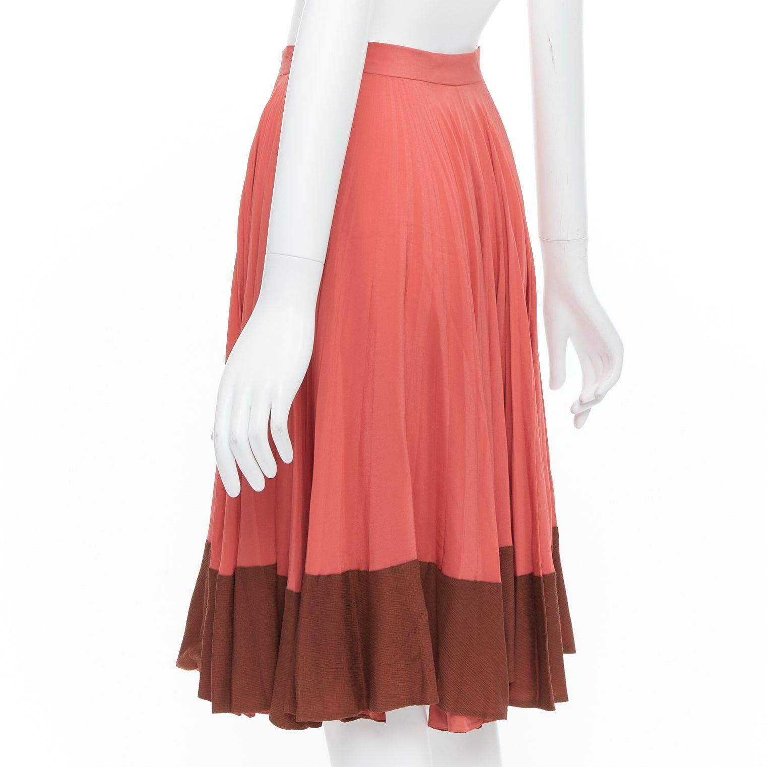 FENDI Vintage 100% silk  pink brown colorblock pleated midi skirt IT36 XXS For Sale 1