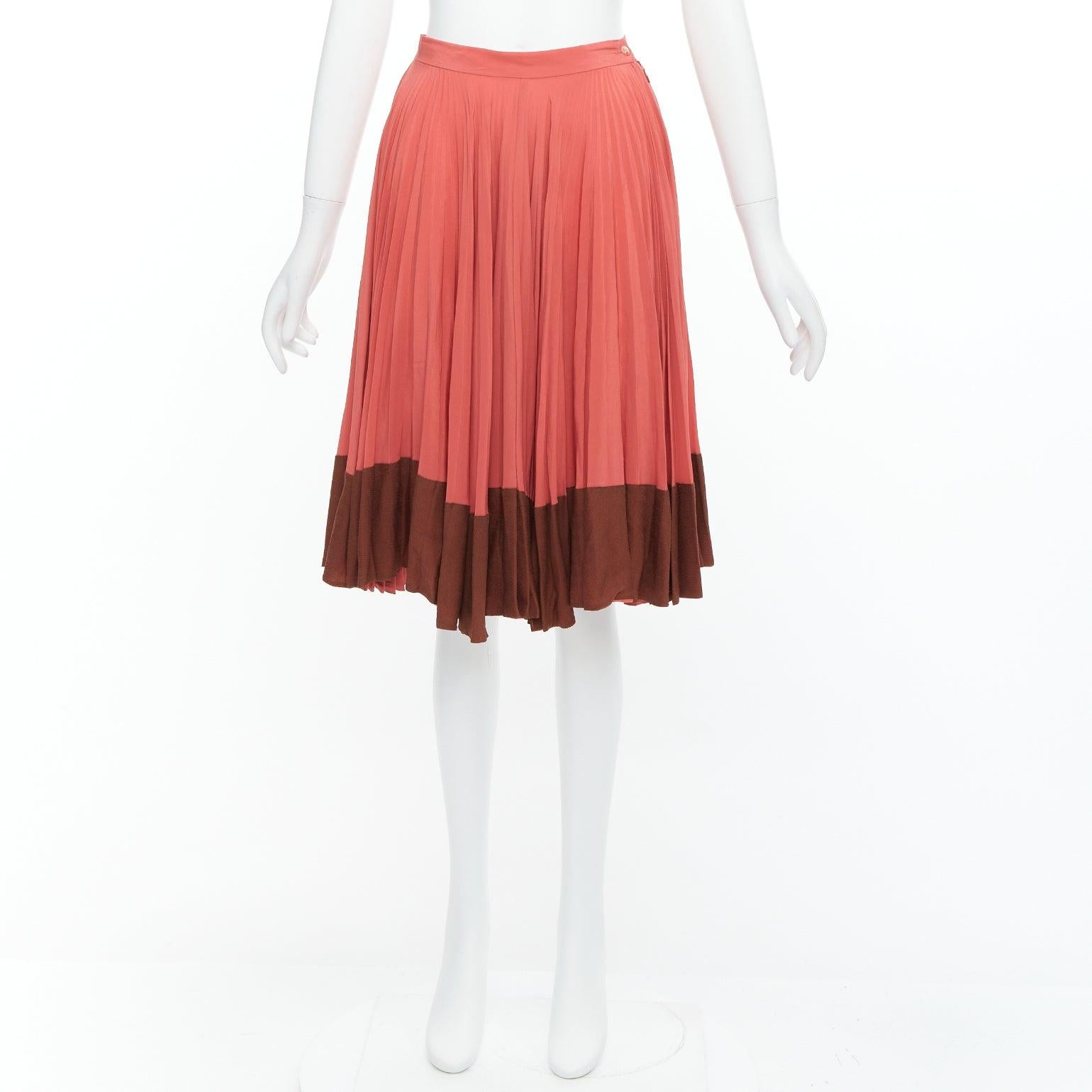 FENDI Vintage 100% silk  pink brown colorblock pleated midi skirt IT36 XXS For Sale 4