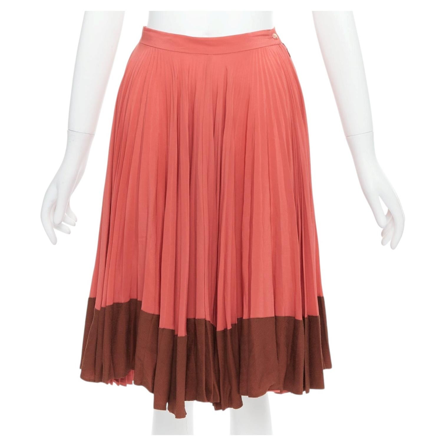 FENDI Vintage 100 % soie jupe midi plissée rose brown colorblock IT36 XXS