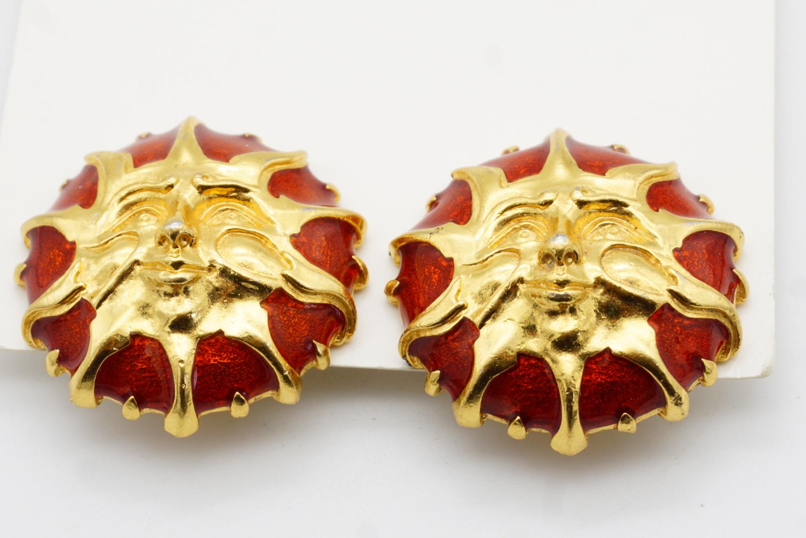 Fendi Vintage 1980 Baroque Huge Sun Face Red Enamel Circle Chunky Clip Earrings For Sale 5