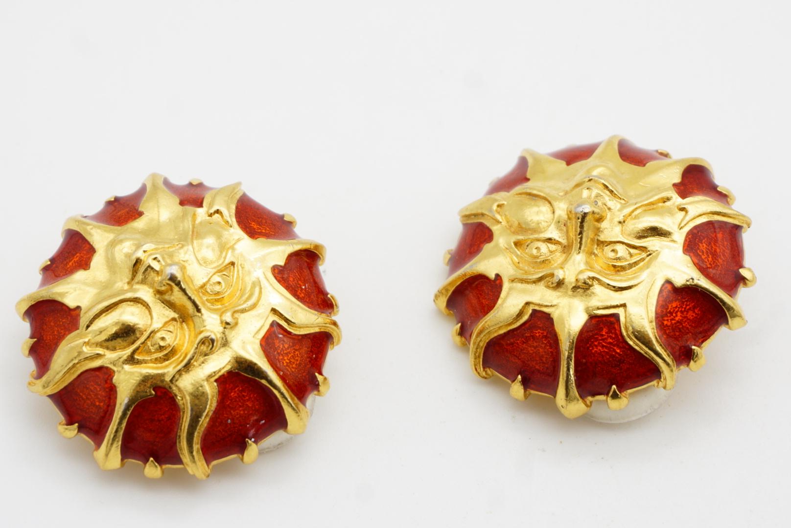 Fendi Vintage 1980 Baroque Huge Sun Face Red Enamel Circle Chunky Clip Earrings For Sale 6