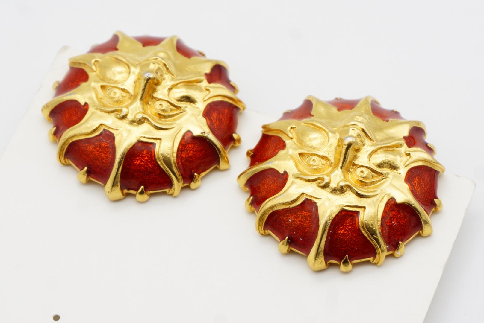 Fendi Vintage 1980 Baroque Huge Sun Face Red Enamel Circle Chunky Clip Earrings For Sale 4
