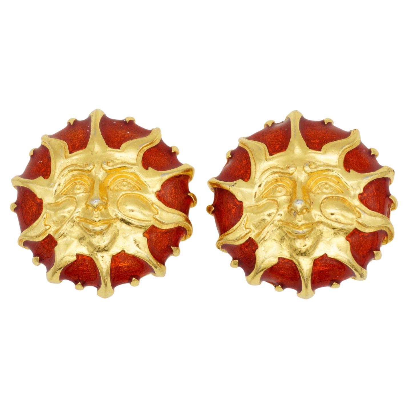 Fendi Vintage 1980 Baroque Huge Sun Face Red Enamel Circle Chunky Clip Earrings For Sale