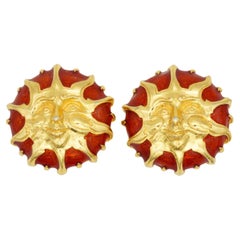 Fendi Vintage 1980 Baroque Huge Sun Face Red Enamel Circle Chunky Clip Earrings