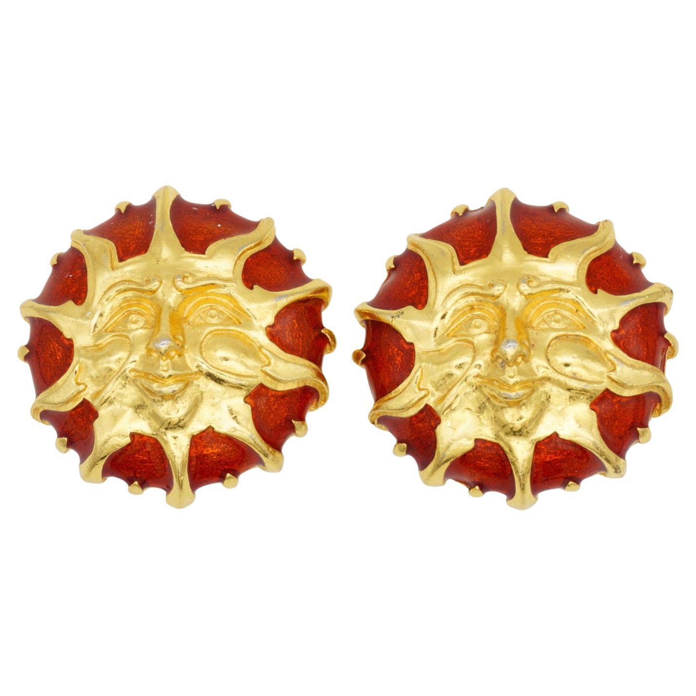 Fendi Vintage 1980 Baroque Huge Sun Face Red Enamel Circle Chunky Clip Earrings