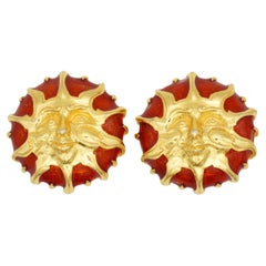 Fendi Vintage 1980 Baroque Huge Sun Face Red Enamel Circle Chunky Clip Earrings