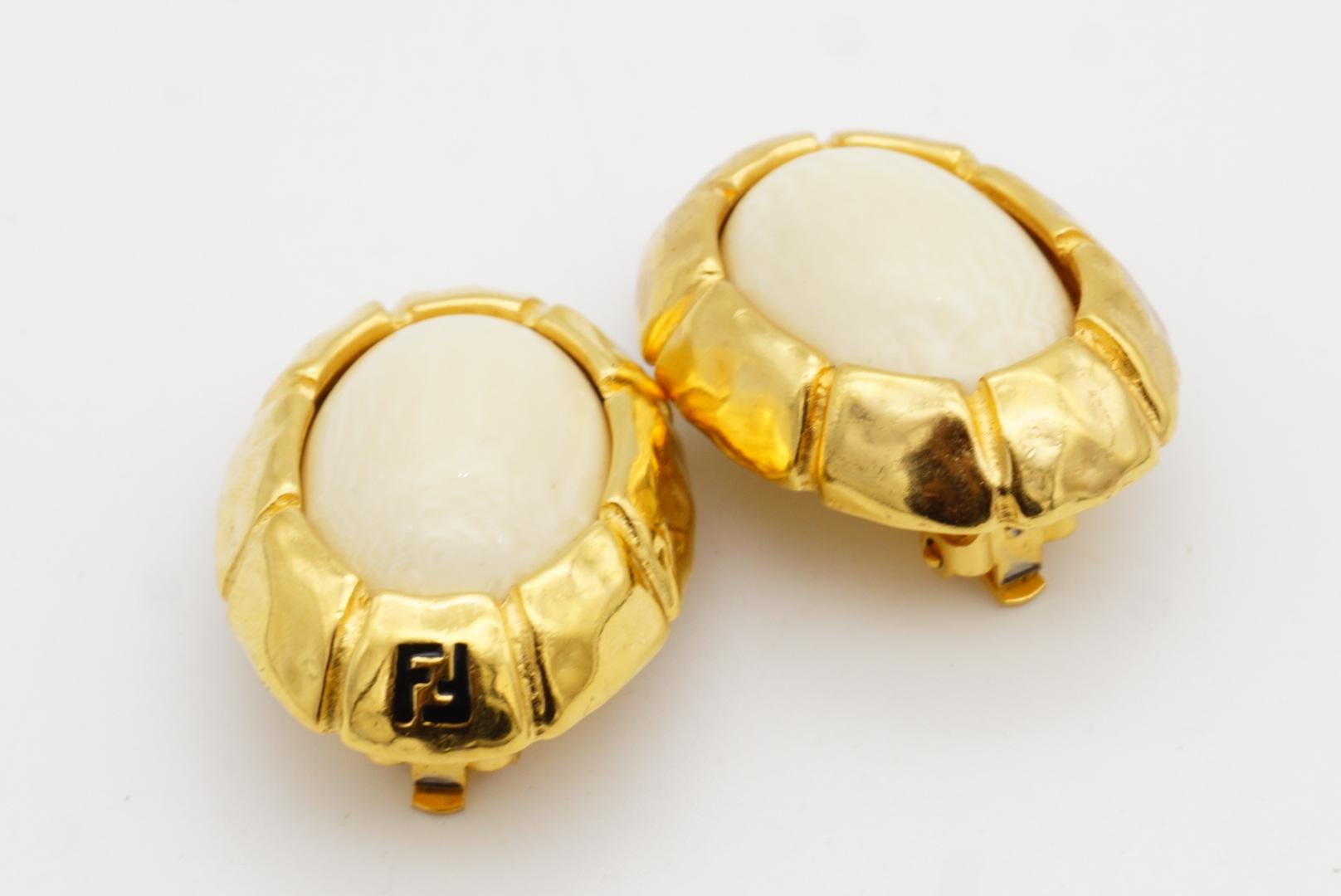 Fendi Vintage 1980s Asymmetric Fendista Logo FF Ivory Oval Chunky Clip Earrings For Sale 5