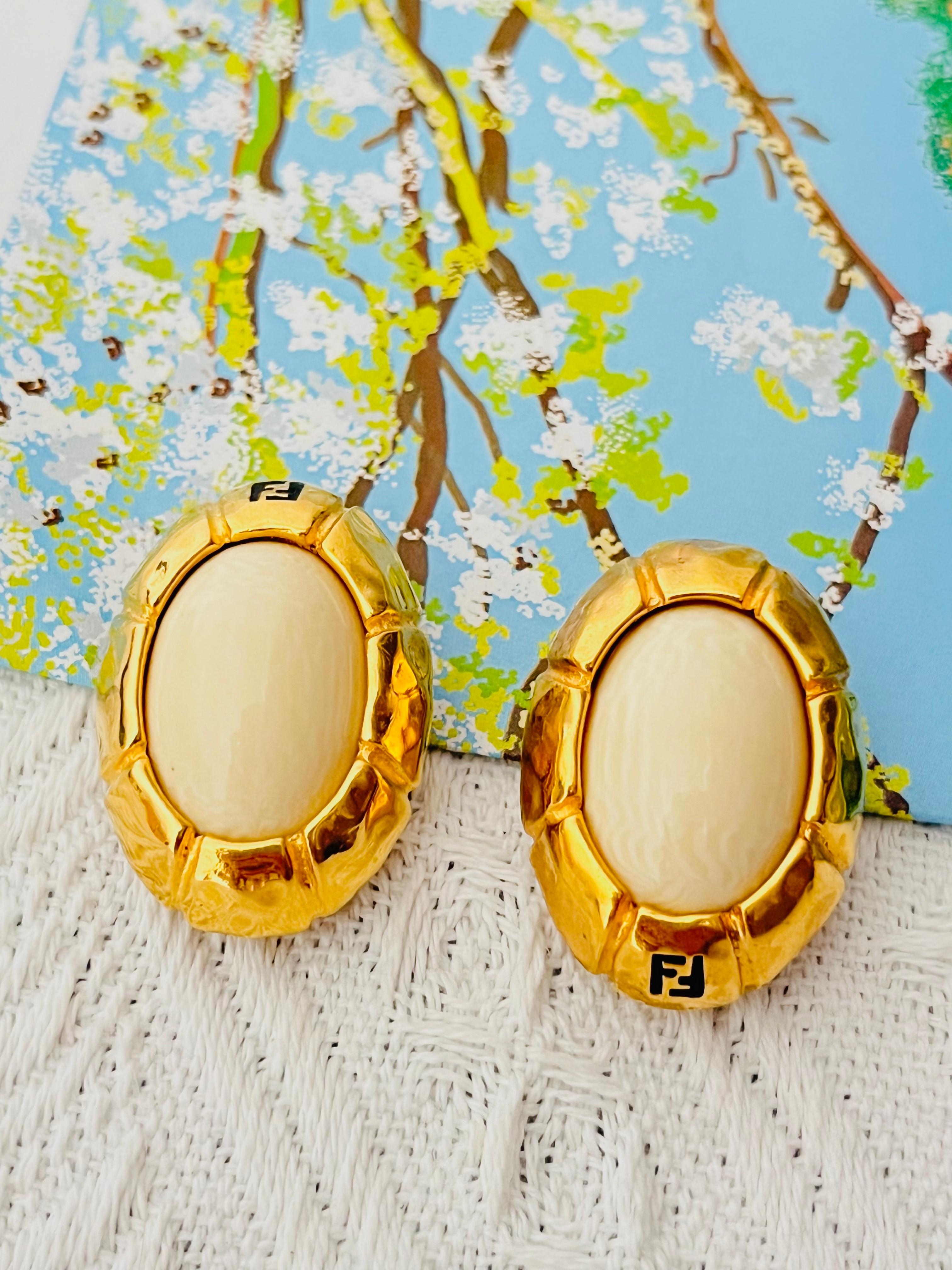 Art Deco Fendi Vintage 1980s Asymmetric Fendista Logo FF Ivory Oval Chunky Clip Earrings For Sale