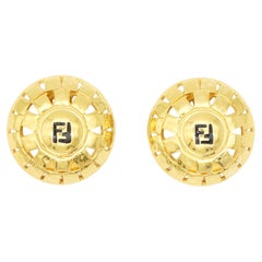 Fendi Vintage 1980s F Fendista Logo Baroque Round Openwork Dome Clip Earrings