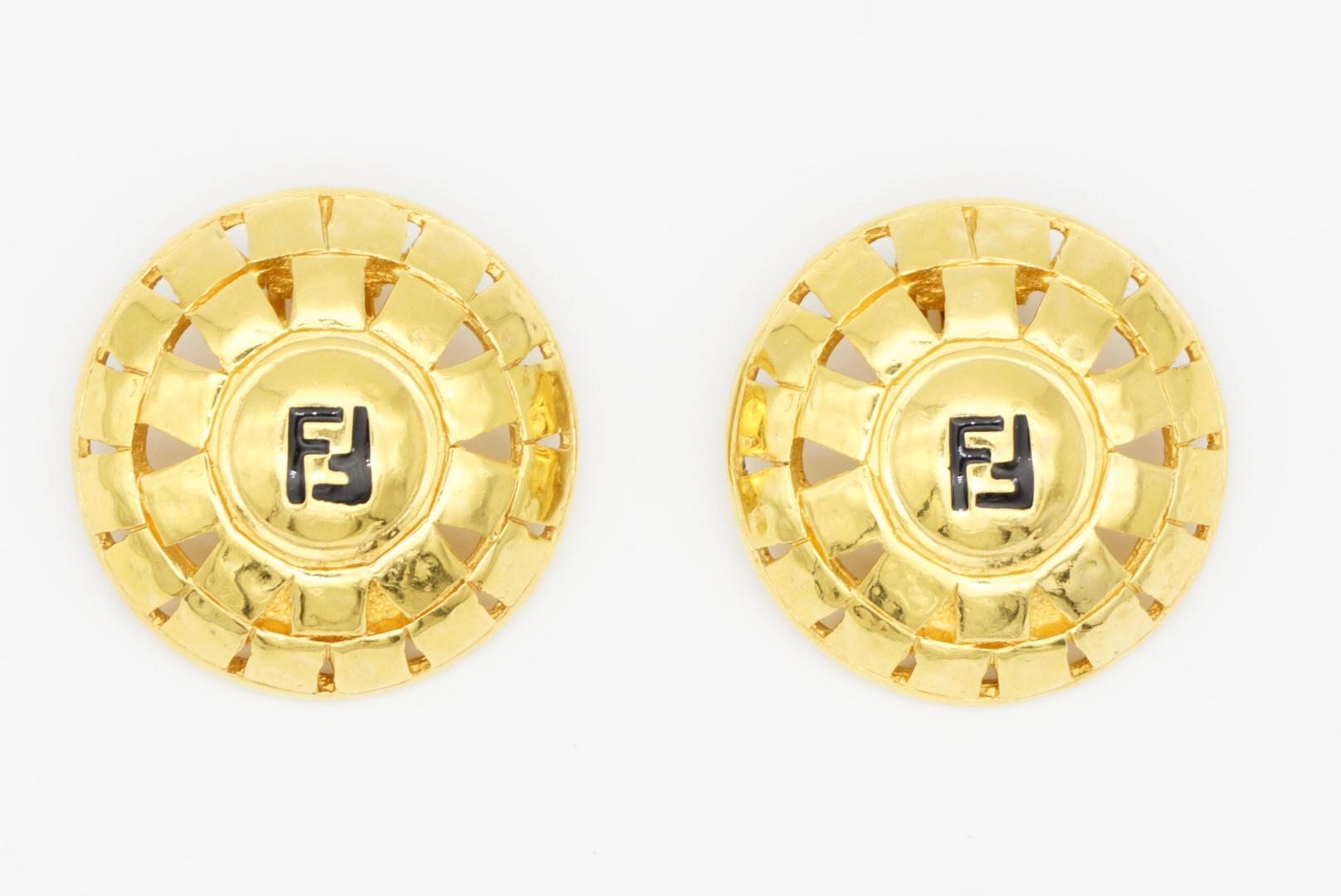 Fendi Vintage 1980s F Fendista Logo Barock Rund durchbrochene Dome Clip Ohrringe 3