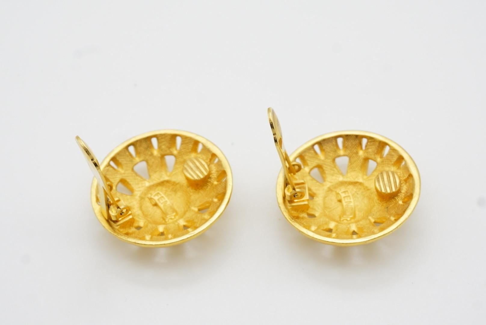 Fendi Vintage 1980s F Fendista Logo Baroque Round Openwork Gold Clip Earrings For Sale 7