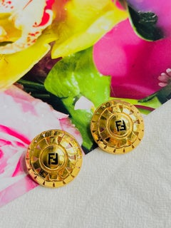 Fendi Vintage 1980s F Fendista Logo Baroque Round Openwork Gold Clip Earrings
