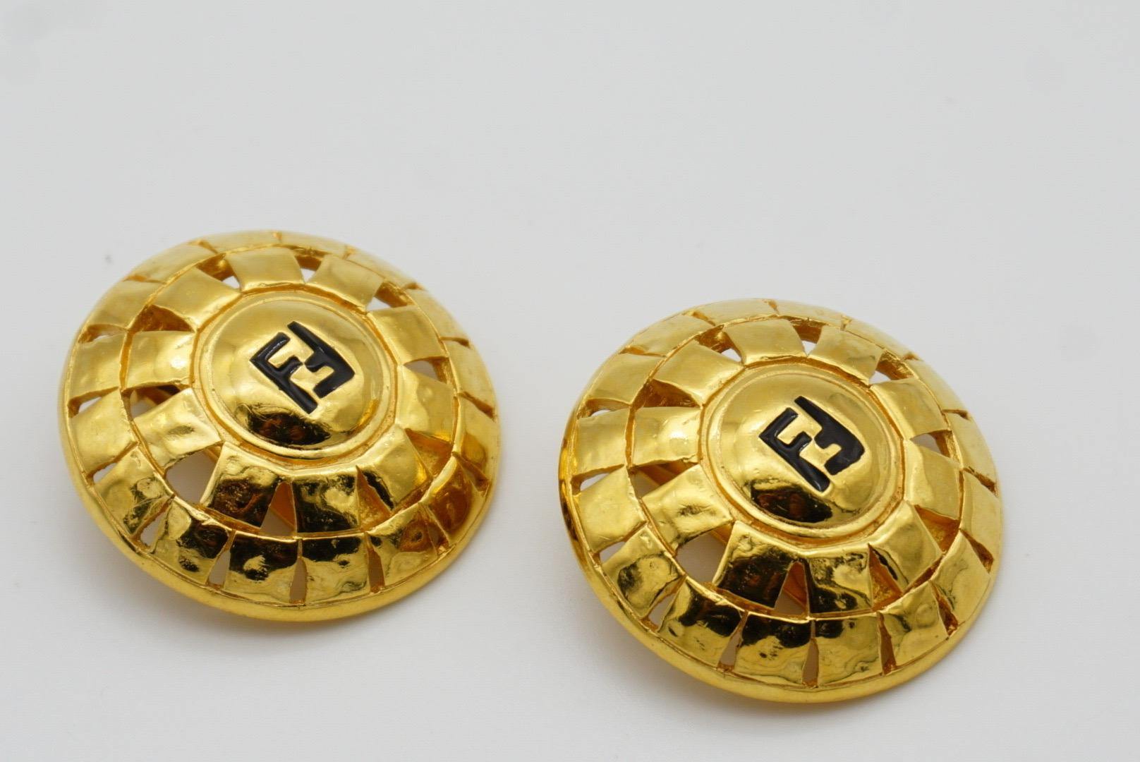 Fendi Vintage 1980s F Fendista Logo Baroque Round Openwork Gold Clip Earrings For Sale 3