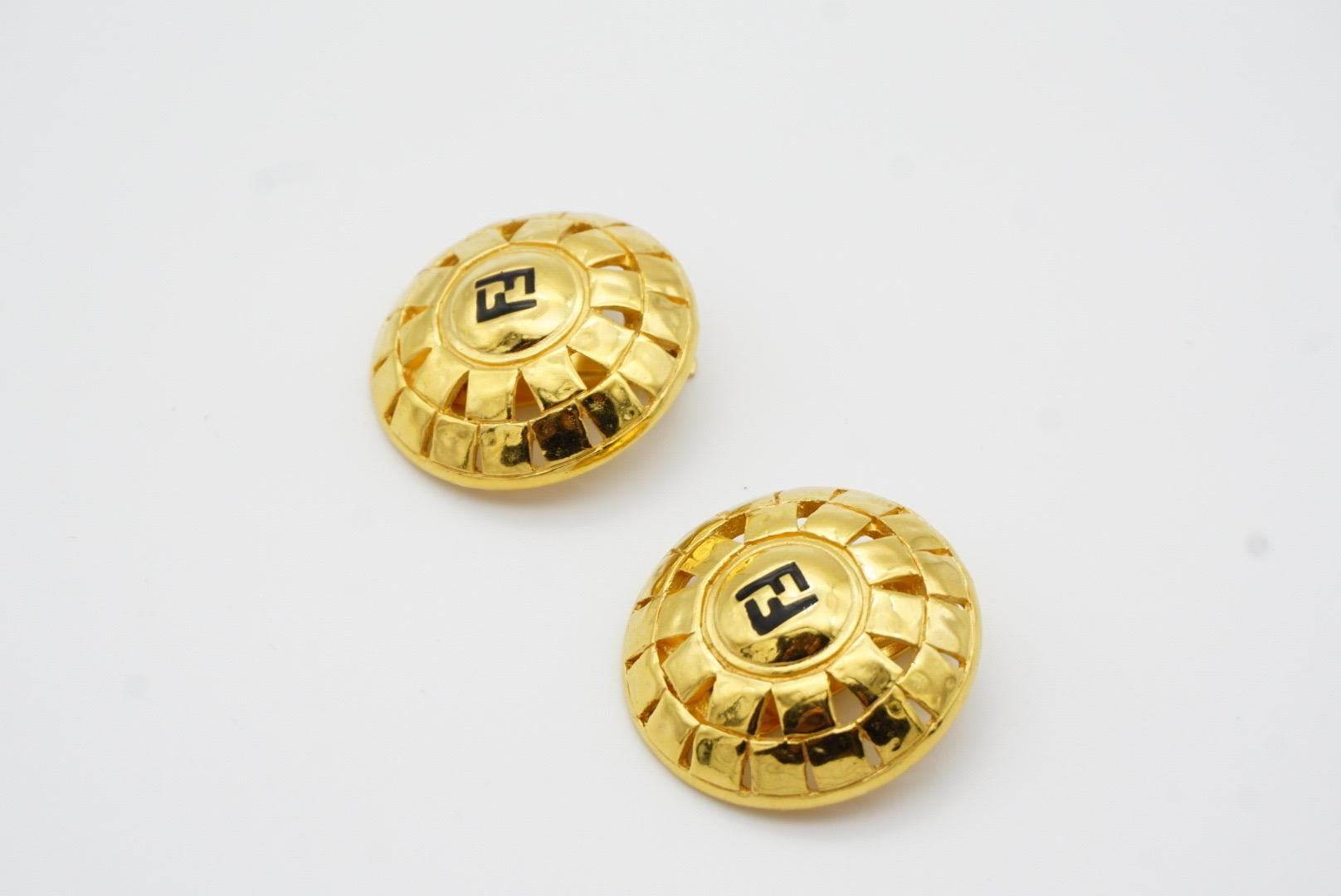 Fendi Vintage 1980s F Fendista Logo Baroque Round Openwork Gold Clip Earrings For Sale 4