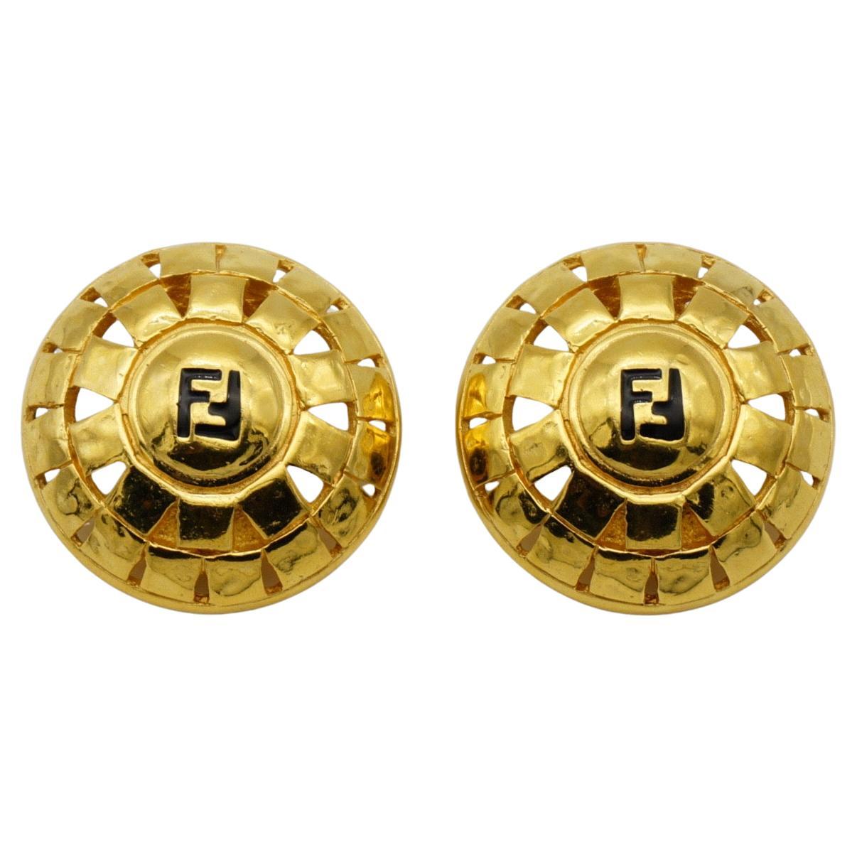 Fendi Vintage 1980s F Fendista Logo Baroque Round Openwork Gold Clip Earrings For Sale