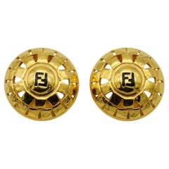 Fendi Vintage 1980s Fendista Logo Baroque Round Openwork Gold Clip Earrings
