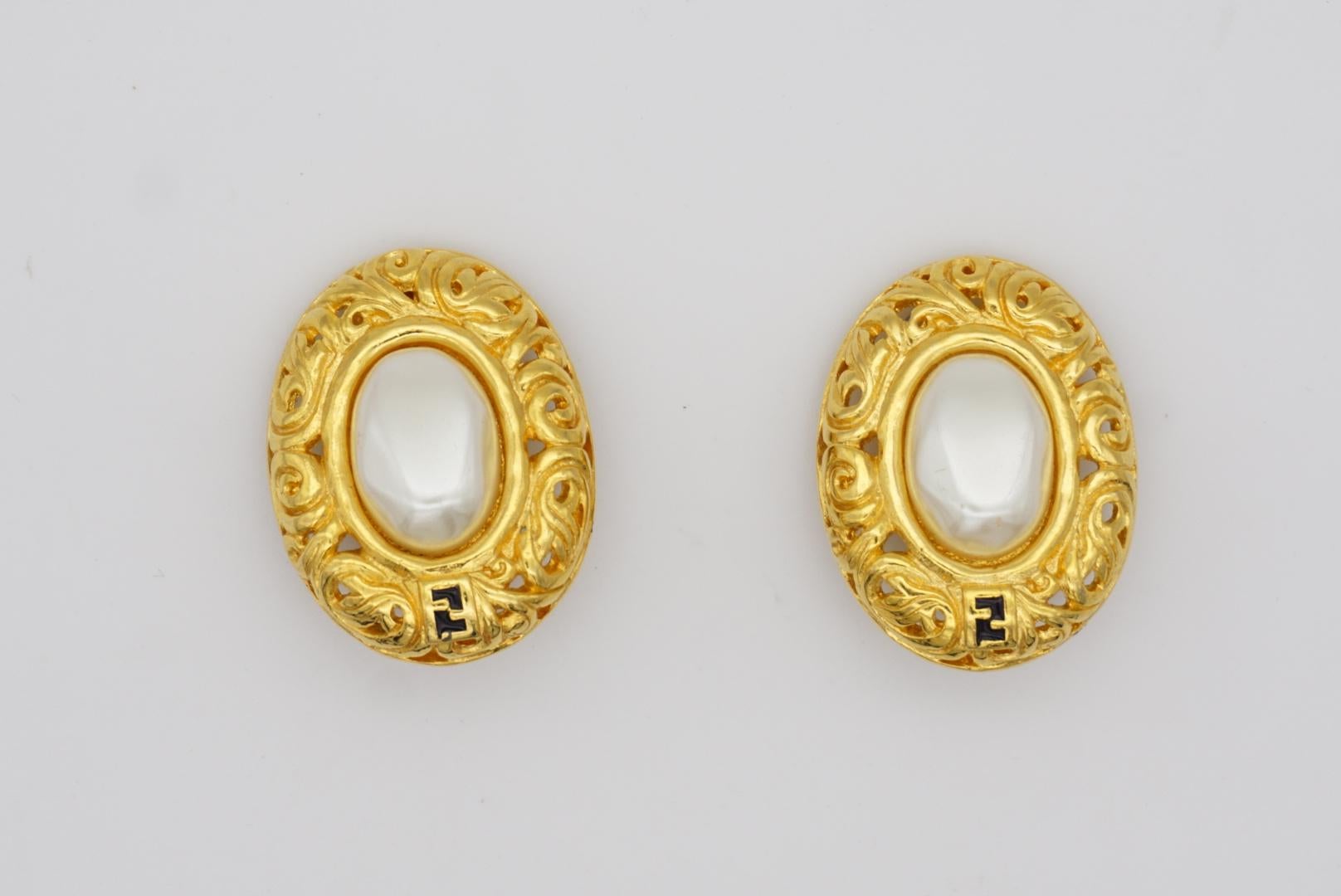 Art Nouveau Fendi Vintage 1980s F Large Oval Leaves Hollow White Pearl Gold Clip On Earrings For Sale