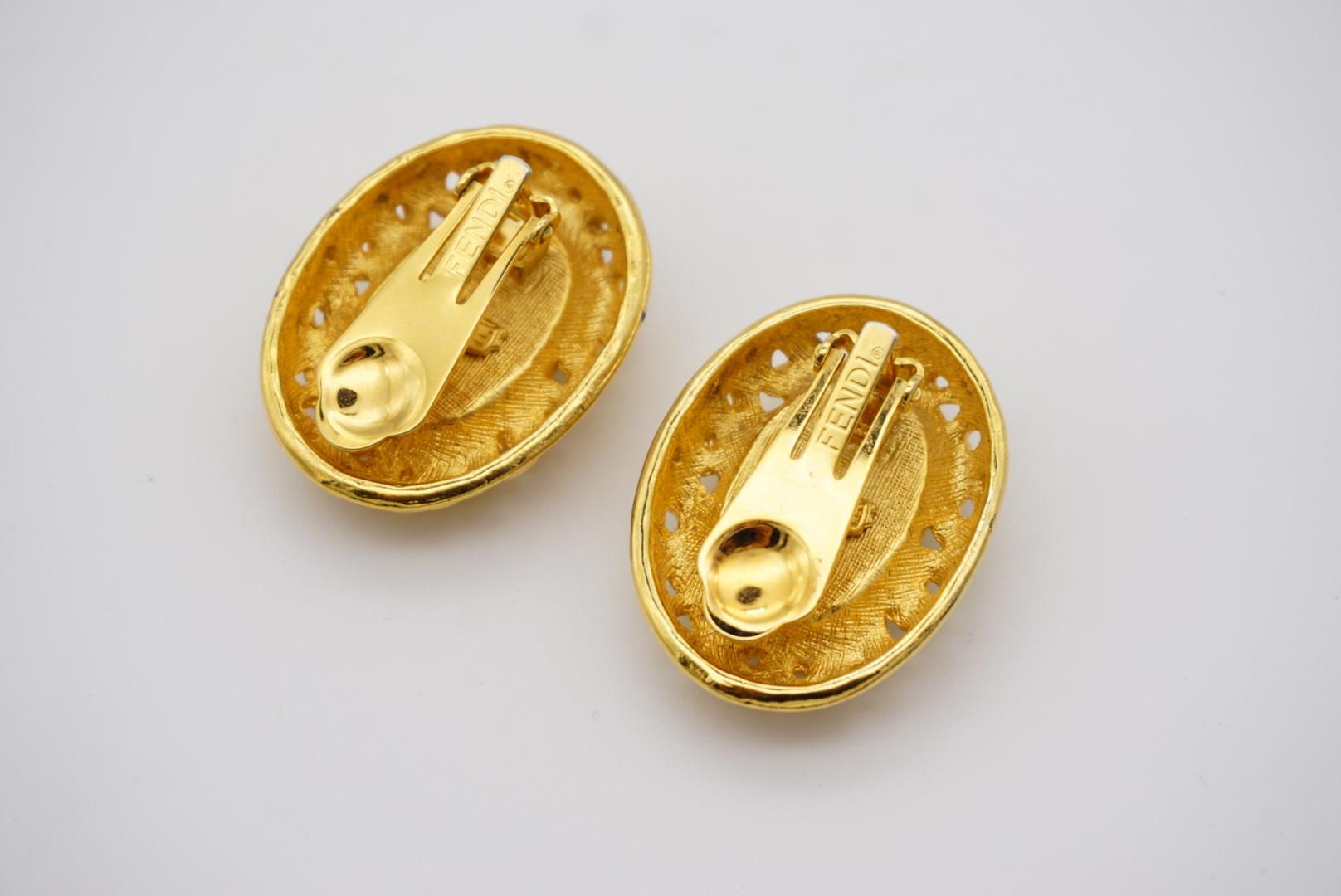 Fendi Vintage 1980s F Large Oval Leaves Hollow White Pearl Gold Clip On Earrings For Sale 1