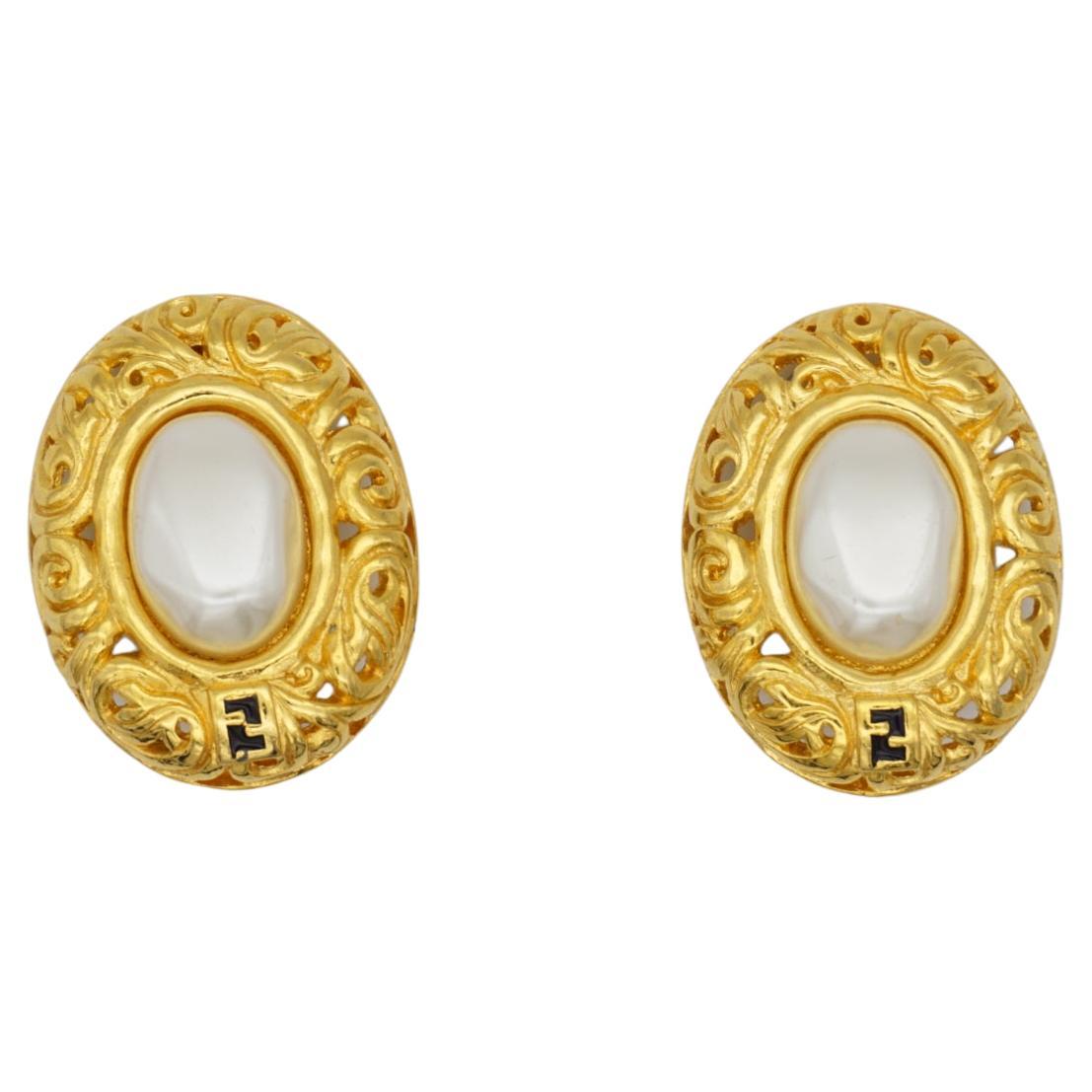 Fendi Vintage 1980s F Large Oval Leaves Hollow White Pearl Gold Clip On Earrings For Sale