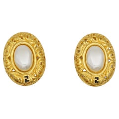 Fendi Retro 1980s F Large Oval Leaves Hollow White Pearl Gold Clip On Earrings