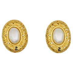 Fendi Vintage 1980s Fendista Logo Black F Oval Pearl Leaf Relief Clip Earrings