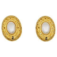 Fendi Vintage 1980s Fendista Logo Black F Oval Pearl Leaf Relief Clip Earrings
